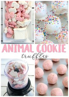 the collage shows different types of cookies and marshmallows, with text overlay that reads animal cookie truffles