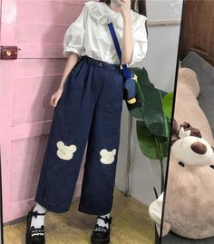 Material: Cotton Material: Polyester Length: Full Length Pattern Type: Cartoon Style: Kawaii Pant Style: Wide Leg Pants Front Style: Flat Fit Type: Skinny Decoration: Embroidery Decoration: Pattern Fabric Type: Batik Closure Type: Elastic Waist Waist Type: High Gender: WOMEN ONE SIZE ：Length:86cm Waist:54-80cm Leg:62cm