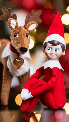 an elf and a stuffed reindeer are next to each other