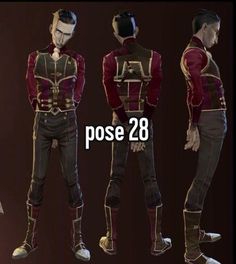 three different poses of a man in red and black clothes with the caption pose 28