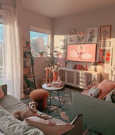 a living room filled with furniture and a dog laying on top of a couch next to a window