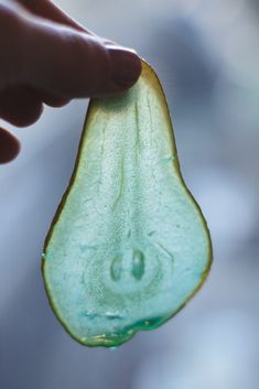 a person holding up a piece of fruit with water droplets on it's surface