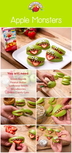 an advertisement for apple monsters on a cutting board with pictures of the ingredients and instructions to make them look like they are smiling