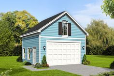 a blue two car garage with windows and shutters on the top floor is shown