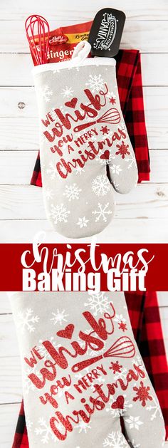 two oven mitts with the words christmas baking gifts written on them, sitting next to each other