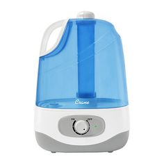 a blue and white electric juicer on a white background