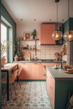 a kitchen filled with lots of counter top space next to a dining room table and chairs