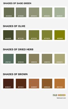 shades of olive green and shades of brown are shown in this graphic style, with the names