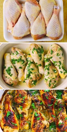 four different types of chicken in pans