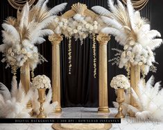 an elaborate gold and white wedding set up with flowers, feathers and candlesticks