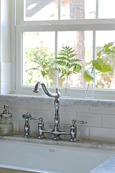 a white sink sitting under a window next to a green plant