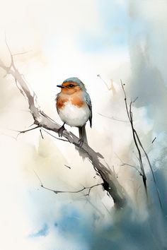 a watercolor painting of a bird sitting on a branch