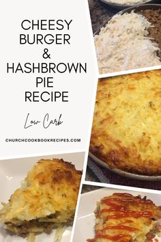 cheesy burger and hashbrown pie recipe on a plate with text overlay