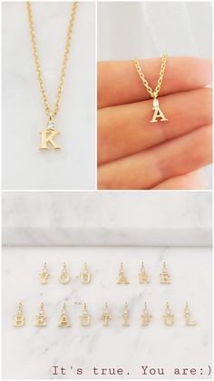 "16K gold dipped letter pendant with 2mm cubic zirconia crystal (approx. 5x10mm overall, a VERY tiny pendant) 16K gold dipped chain and lobster clasp, nickel-free & anti-tarnish protected NOTE: This listing is for one necklace with one pendant, but you can choose to purchase just the pendant without the chain (see drop down menu). The \"Pendant Only\" option includes the pendant with the built-in top loop, and no chain. Fast and free shipping US seller located in Texas Upgrades available at Initial Necklace Diamond, Rhodium Jewelry, Gold Initial Necklace, Diamond Initial Necklace, Tiny Pendant, Pendant Diamond, Initial Necklace Gold, Cz Jewelry, Gold Initial