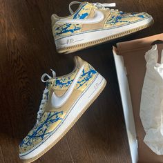 One Of One Collectors Item Vintage Air Force One Custom Made Over 10 Years Ago In Amazing Condition. Worn Once !!! They Are In Amazing Condition And Great Quality They Are Size 12 And They Are Beautiful Gold Colors Royal Blue And White Must Have Blue Custom Air Force 1, Gold And Royal Blue, Custom Air Force 1, Nike Gold, One Of One, Air Force One, Vintage Air, Force One, Gold Colors