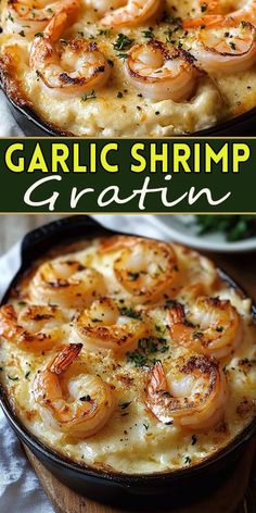 garlic shrimp gratin in a cast iron skillet