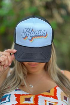 Retro inspired Mama Trucker Hat. Design is screen printed onto your favorite trucker hat. Adjustable snapback enclosure. One Size. Made In USA. Black Fun Snapback Hat With Curved Brim, Black Trucker Hat With Letter Print And Flat Bill, Retro Black Baseball Cap With Flat Bill, Retro Black Trucker Hat For Streetwear, Retro Black Snapback Hat For Streetwear, Retro Black Flat Bill Baseball Cap, Fun Snapback Hat With Letter Print For Streetwear, Multicolor Snapback Hat With Letter Print, Retro Trucker Hat With Letter Print