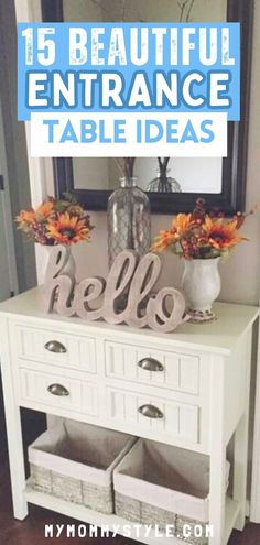 a white table topped with drawers and vases filled with flowers