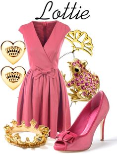 a woman in pink dress and high heels with gold accessories on her feet, including a tia