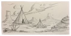 a drawing of a teepee in the desert with mountains and clouds behind it,