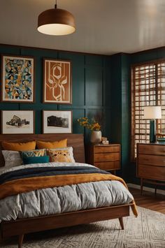 a bed room with a neatly made bed and pictures on the wall