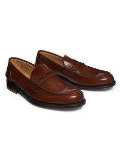 Crafted of leather, these Pembrey penny loafers from Church's feature a fum finish and hand-stitched details. Round toe Slips on Leather upper Leather sole Made in England SIZE Platform height: about 1 Classic Round Toe Moccasins In Bridle Leather, Classic Bridle Leather Moccasins With Round Toe, Formal Bridle Leather Moc Toe Loafers, Timeless Brown Bridle Leather Loafers, Brown Bridle Leather Loafers For Work, Classic Wingtip Moccasins With Stitched Sole, Classic Wingtip Loafers For Galas, Classic Moc Toe Bridle Leather Dress Shoes, Classic Bridle Leather Moc Toe Dress Shoes