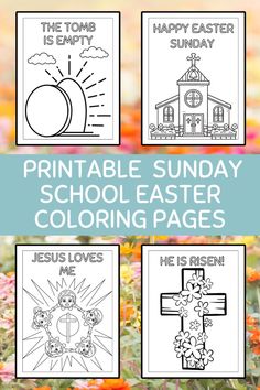 the printable sunday school easter coloring pages are shown in four different styles and colors