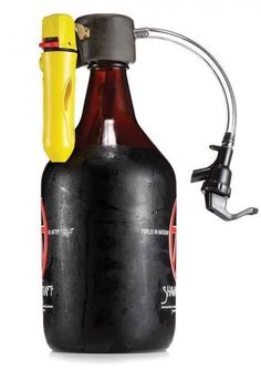 a black bottle with a yellow handle attached to it and a metal spigot