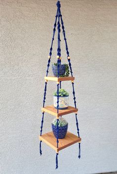 three tiered shelf with plants on it hanging from the side of a building in front of a stucco wall