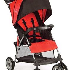 a red and black stroller with wheels