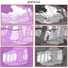 the storyboard shows how to create an animated scene with trees and mountains in different stages