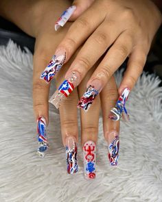 Puerto Rican Nail Designs Acrylics, Puerto Rico Acrylic Nails, El Salvador Inspired Nails, Puerto Rican Nails Designs, Dominican Nail Designs, Dominican Republic Nail Designs, Puerto Rican Parade Outfit, Puerto Rican Nails Acrylics, Puerto Rico Inspired Nails