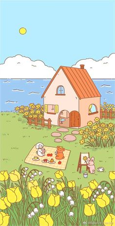 a drawing of a house in the grass with flowers around it and an area rug on the ground