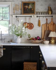 the kitchen counter is clean and ready to be used as a cook's space