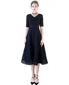 Shop Black Full Lace Tea Length Party Dress with Sleeves online. All instock with free shipping. Pro since 2009. Party Fit And Flare A-line Tea Length Dress, Fitted V-neck Vintage Party Dress, Elegant A-line Vintage Party Dress, Fit And Flare A-line Vintage Dress For Party, Elegant Lace V-neck Party Dress, Fitted A-line Tea Length Dress For Banquet, Spring Evening V-neck A-line Dress, Cocktail A-line Dress With Fitted Waist, Stretch V-neck Dress For Spring Party