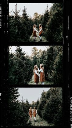 two girls standing in the middle of a forest with their arms wrapped around each other