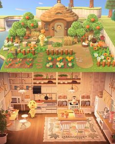 two pictures side by side of a kitchen and living room in animal crossing style house