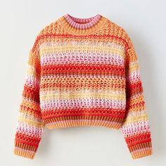 Nwt Zara Pink Orange Multicolored Striped Mixed Knit Sweater. Size 13/14. Smoke Free And Pet Free Home. Knitted Top, Zara United States, Knit Sweater, For Girls, Round Neck, Knitwear, Zara, Long Sleeves, United States