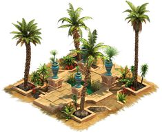 an island with palm trees and potted plants