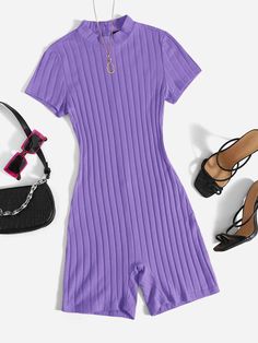 Violet Purple   Short Sleeve Cotton Plain  Embellished Slight Stretch Summer Women Jumpsuits & Bodysuits Adrette Outfits, Cute Dress Outfits, Purple Outfits, Easy Trendy Outfits, Knitted Romper, Simple Trendy Outfits, Cute Simple Outfits, Teenage Fashion Outfits, Teen Fashion Outfits