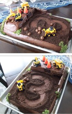 two pictures of a cake with construction vehicles on top and dirt in the middle,