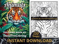 an adult coloring book with tiger and plants