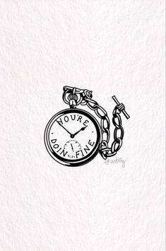 a black and white drawing of a pocket watch with chain around it's neck