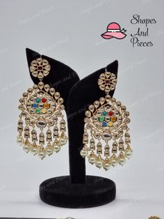 Anita Earrings - Shapes and Pieces Festive Kundan Earrings With Cutdana, Festive Kundan Cutdana Earrings, Kundan Meenakari Earrings For Festivals, Festive Kundan Meenakari Hoop Earrings, Traditional Kundan Hoop Earrings With Meenakari, Kundan Chandelier Earrings With Cutdana, Meenakari Kundan Earrings For Festivals, Kundan Stone Work Earrings For Diwali, Festive Kundan Hoop Earrings With Meenakari Detailing