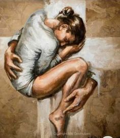 a painting of a man hugging a woman with his arms wrapped around her chest and the cross in the background