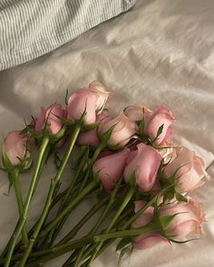 a bunch of pink roses laying on top of a white bed sheet with green stems