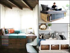 a collage of photos shows a couch, bookshelf, and storage boxes