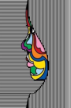 an abstract image of a woman's face in black, white and rainbow colors