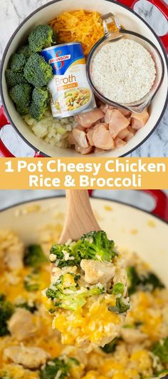 broccoli, chicken and rice in a skillet with the title overlay