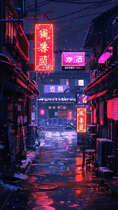 an alley way with neon signs and umbrellas